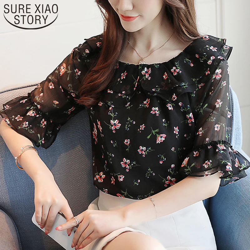 

2019 Off Shoulder Top Chiffon Blouse Women Blouse and Tops Ladies Tops Korean Fashion Clothing Ruffles Floral Slash Neck 3570 50