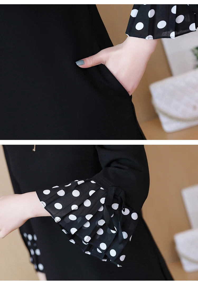 5xl плюс Размер Женская одежда весна корейский vestidos стежка точка черный милое вечернее платье женское платье с длинным рукавом