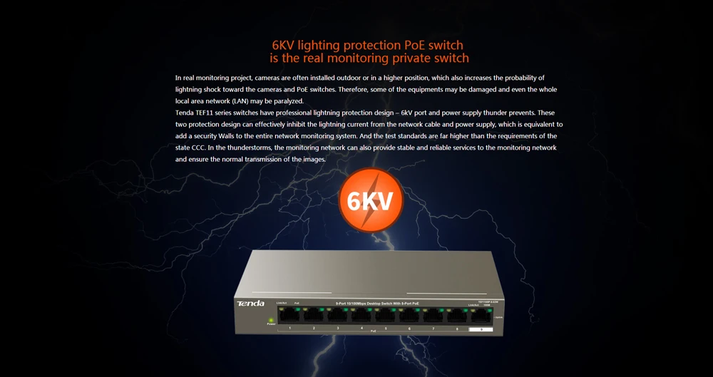 Tenda TEF1109P-8-63W Ethernet сетевой коммутатор gigabit 9-Порты и разъёмы, 250 м дальнее расстояние стабильный PoE Питание, подключи и играй, прочная и надежная