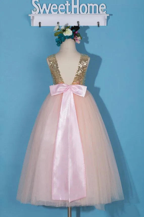 Новое платье с цветочным принтом для девочек принцессы золотого и розового цвета