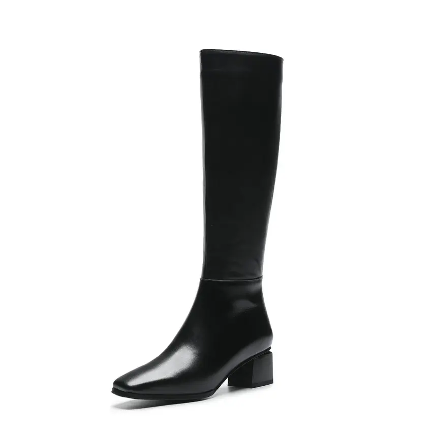 Black-4.5cm QUTAA/ г.; женские сапоги до колена на молнии сзади; высокие сапоги из натуральной кожи с квадратным носком на квадратном каблуке; размеры 34-43 - Цвет: Black-4.5cm