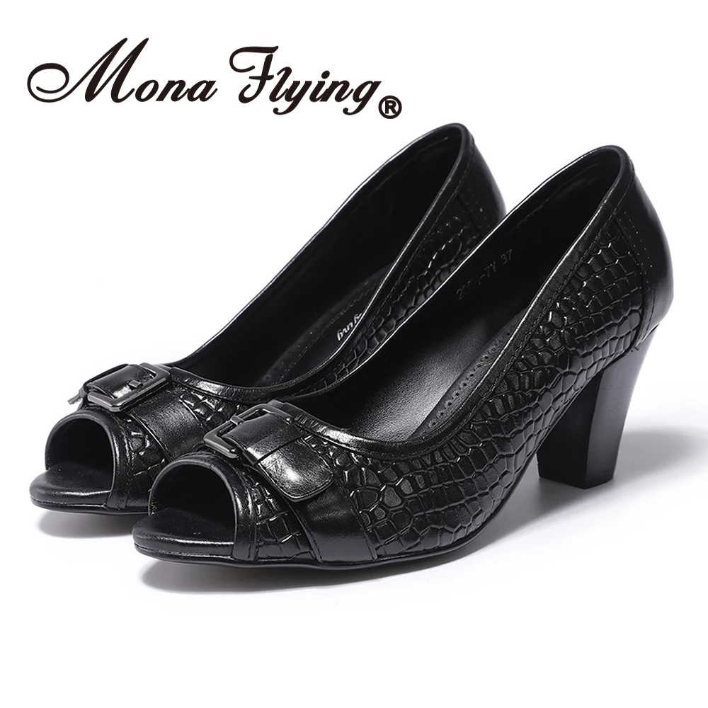 Mona Flying Women Leather Pumps Hand-made Casual Dress Buckle Slip-on Peep Toe Square Heel Shoes for Ladies 2020 205H-7Y | Обувь
