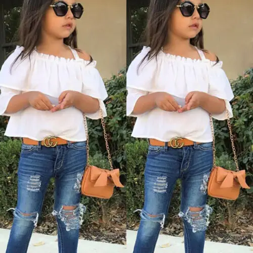 Повседневные детские топы для маленьких девочек футболка + джинсы штаны