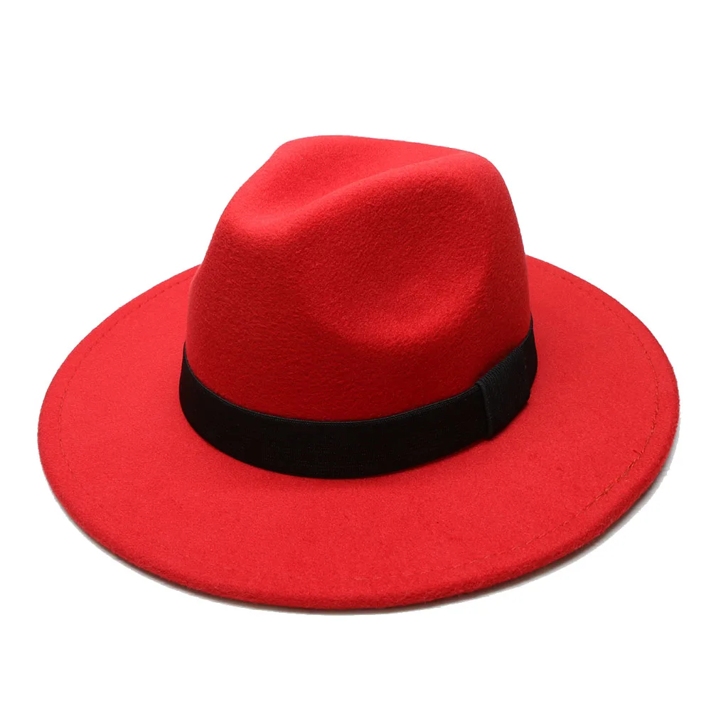

LUCKYLIANJI Retro Vintage 100% Wool Wide Brim Solid Cap Fedora Panama Jazz Bowler Hat Black Elastic Rope Band (57cm-adjusted)