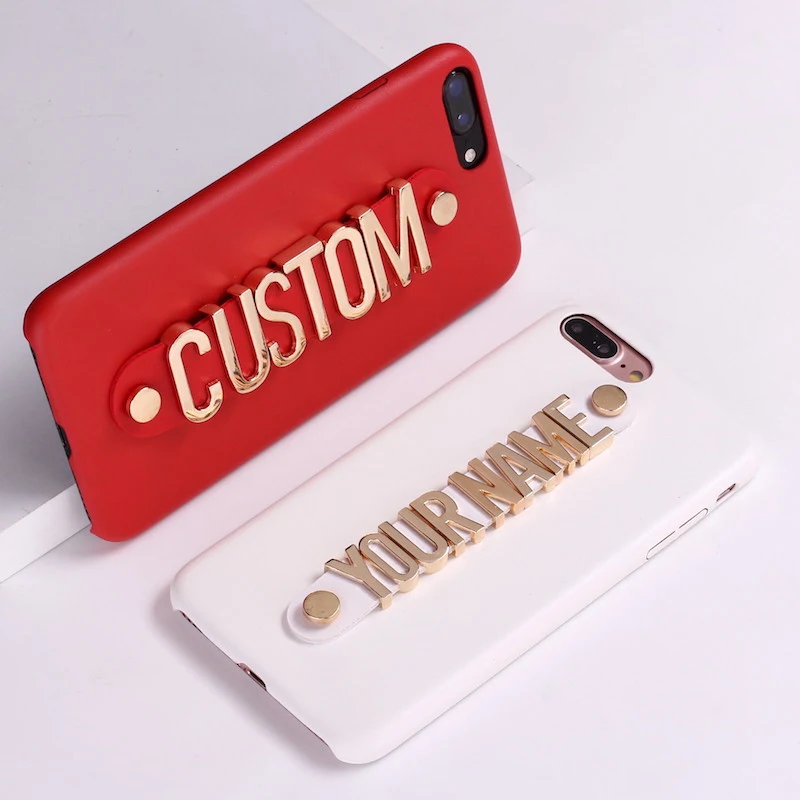 leather gold metal luxury bold custom name text phone case coque fundas for iphone 13 12 11 pro xs max xr 7 7plus 8 8plus x free global shipping