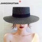 Шляпа женская Соломенная с широкими полями, модная Панама от солнца в полоску, с бантом, в стиле Хепберн, в черно-белую полоску, лето 2017