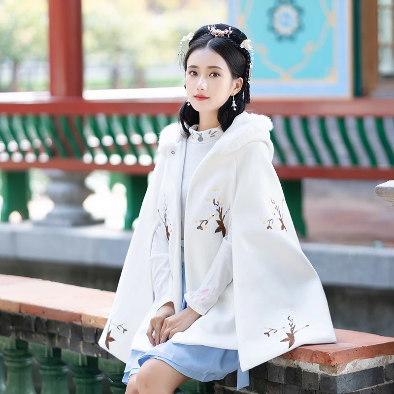 Новинка женское платье Hanfu женская зимняя белая накидка с вышивкой китайские