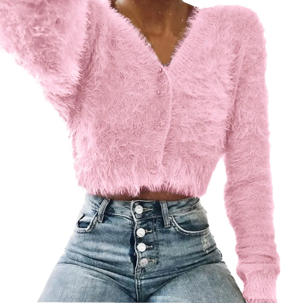 Womail Women's Sweaters Solid V Neck Long Sleeve Sweater Casual Furry Crop Popular Women Tops ladies clothes 708#3 |