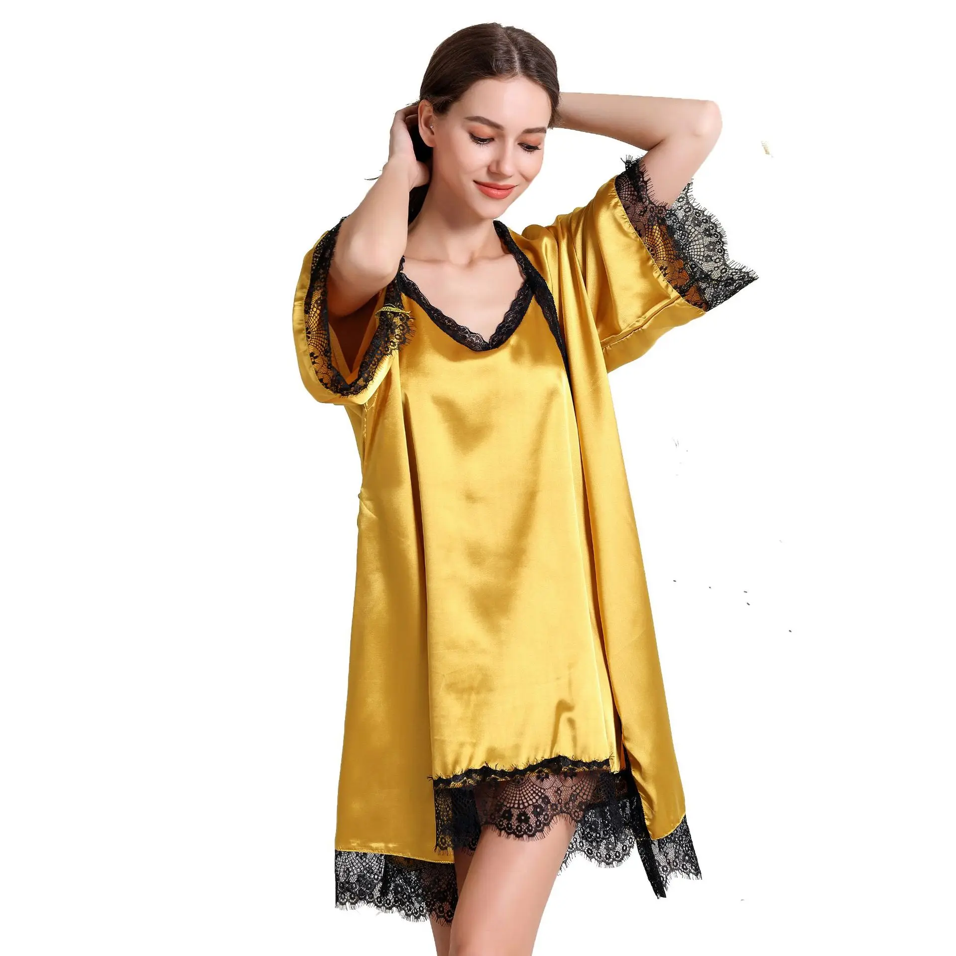 

Cross-border Sleepwear Ladies Hanging Skirt Two-piece Silk Flexible Sleepwear Bathrobe Suit Home Suit Wholesale