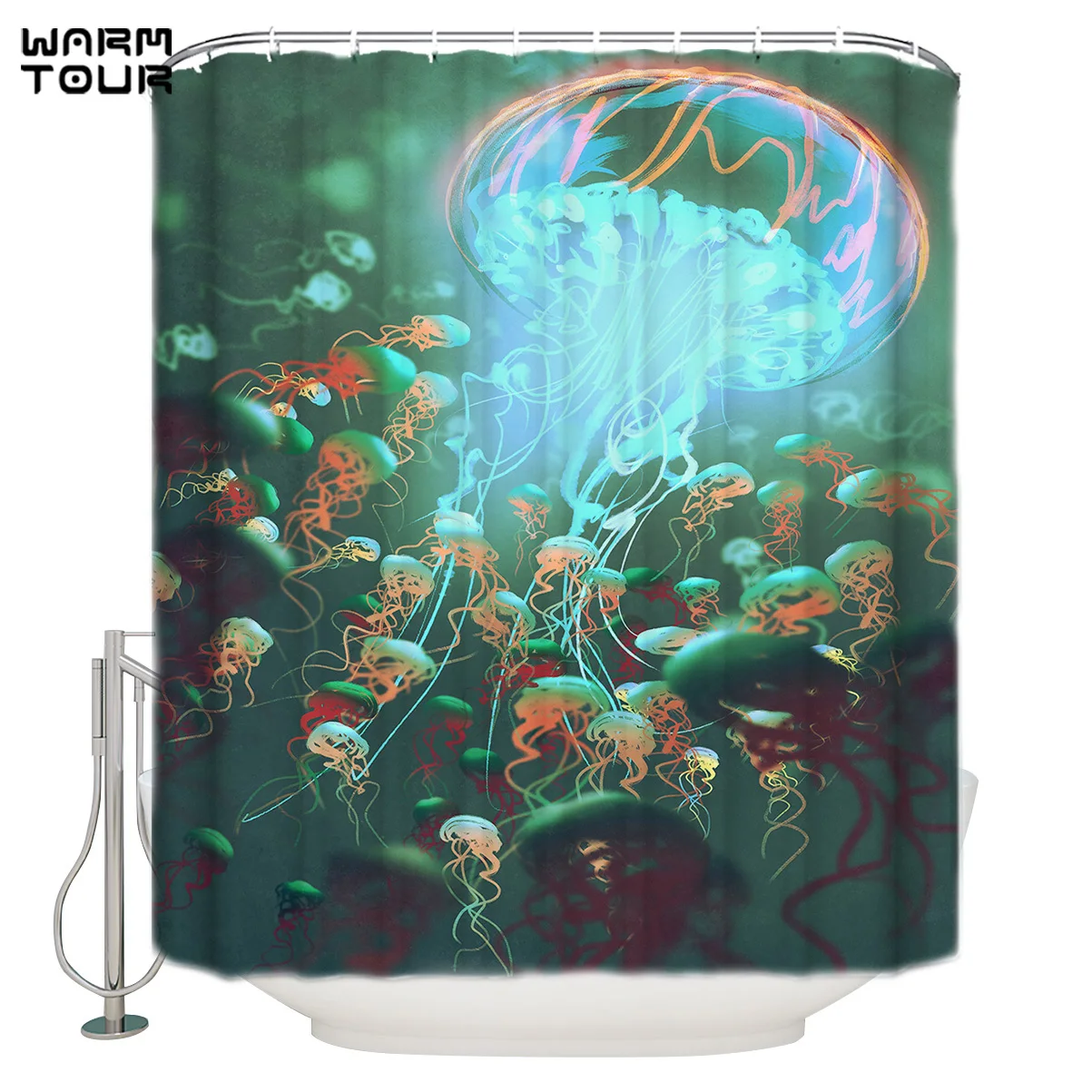 

WARMTOUR Shower Curtain Jellyfish King Glowing Jellyfish Extra Long Fabric Bath Shower Curtains Bathroom Decor Sets with Hooks