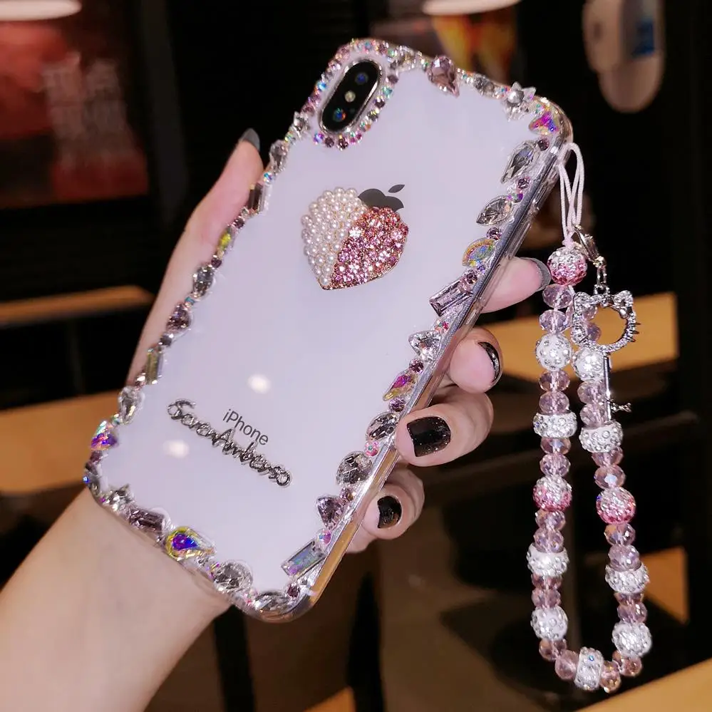 Для iphone XS Роскошный Жемчужный чехол с кристаллами для iphone XR XSmax X 6 7 8 Plus девочкa леди женщина подарок шикарный чехол+ ремешок