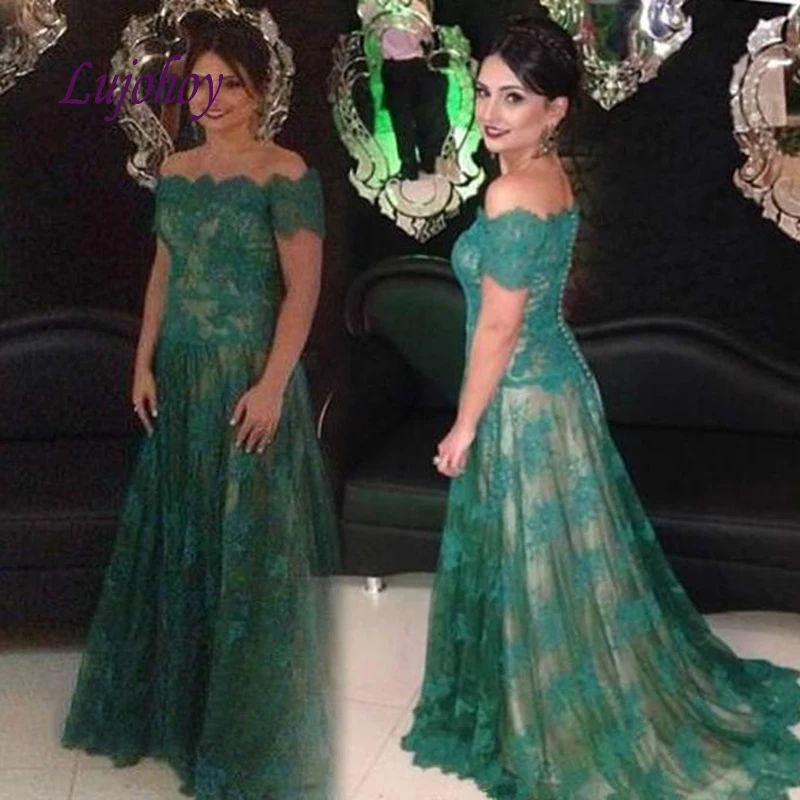 Зеленые длинные кружевные вечерние платья с открытыми плечами Большие размеры