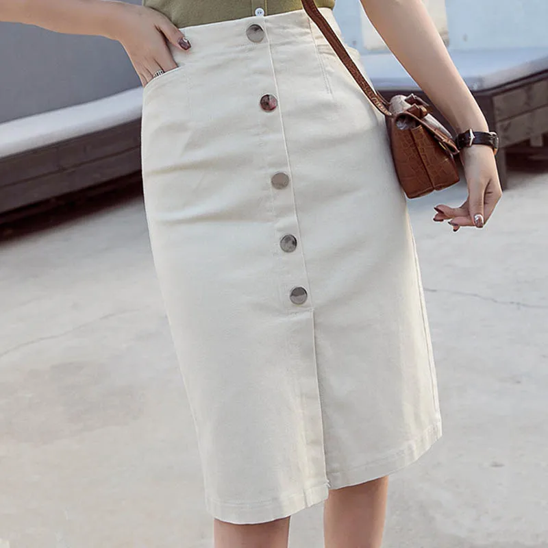 NORMOV Fashion Women High Waist Single Breasted Jean Skirt Streetwear Skinny Female Pencil Skirt White Pockets Denim Skirt