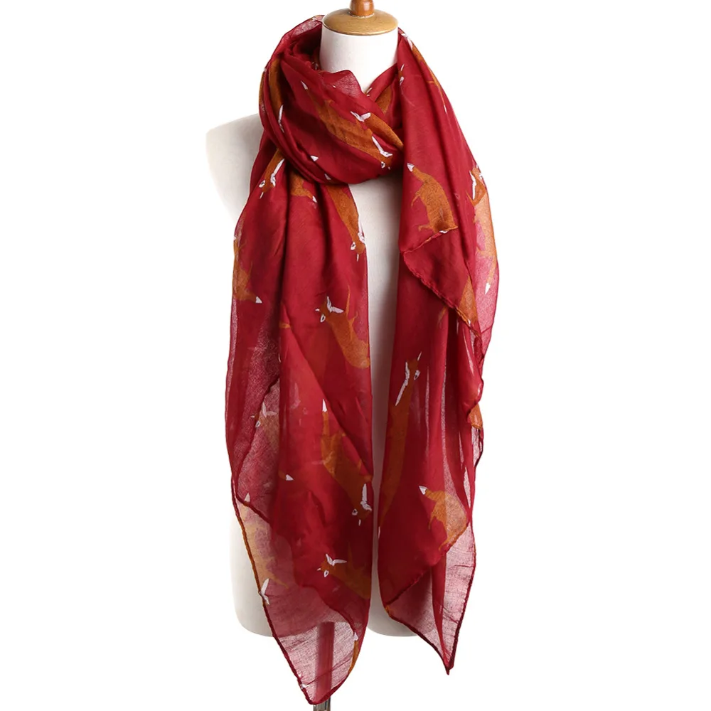 Шарф женский винтажный с принтом лисы и животных Длинный мягкий хлопковый