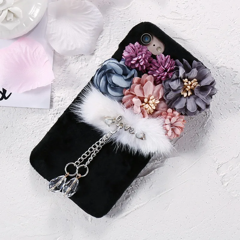 Kisscase цветок Плюшевые норки Мех чехол для iPhone 8 7 6S 6 Роскошные диаманта Bling Мех ry чехол для iphone 8 7 6S 6 Plus Жесткий PC Обложка For чехол на айфон 6 6s Plus 7 8 Plus сексуальный Аксессуары - Цвет: Black