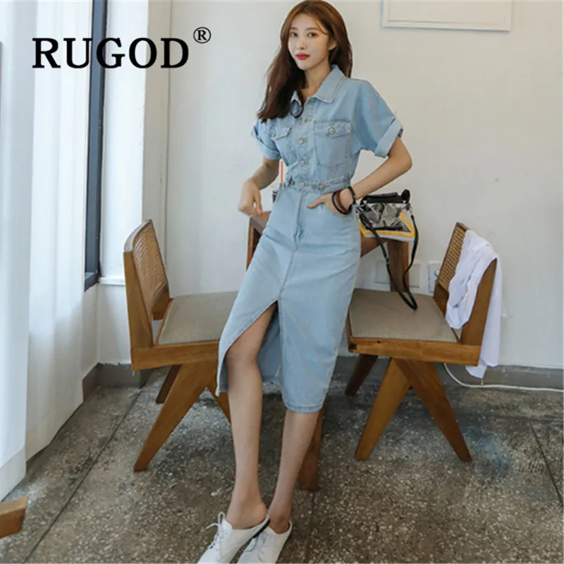 RUGOD/корейское шикарное летнее джинсовое платье с открытой спиной Модное