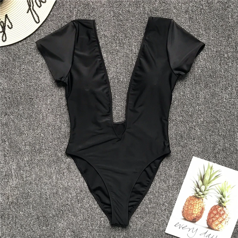 2019 Summer Beachwear One Piece Swimsuit Sexy Deep V-neck Swimwear Women Backless Short Sleeve Solid Color Monokini Swim Suit | Спорт и