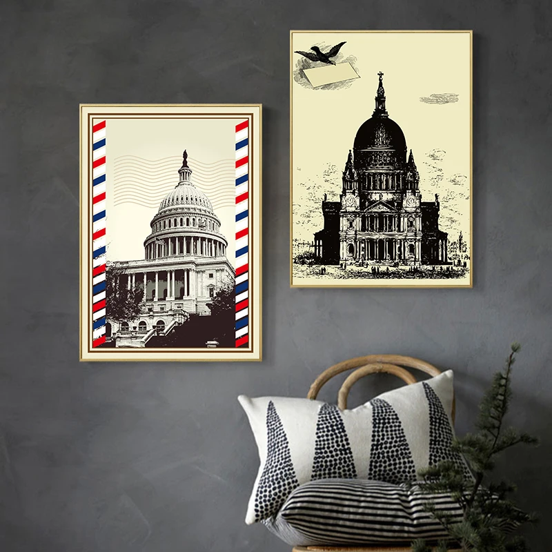 Постер на холсте в стиле ретро Европейское здание живопись итальянский флаг