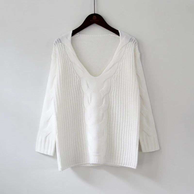 Женский винтажный свитер Savabien однотонный вязаный с глубоким треугольным вырезом