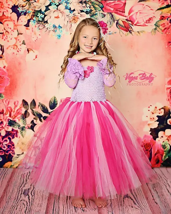 Beautiful Girl's Tutu Dress Toddler Crochet Tulle Tutus Long Ball Gown with Flowers Children Wedding Party Kids Clothes | Детская