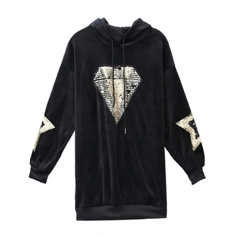 

PERHAPS U Women Black Velvet Long Fleece Hooded Dress Sequined Diamond Star Bling Loose Gold Hip Pop Pullover Punk H0042