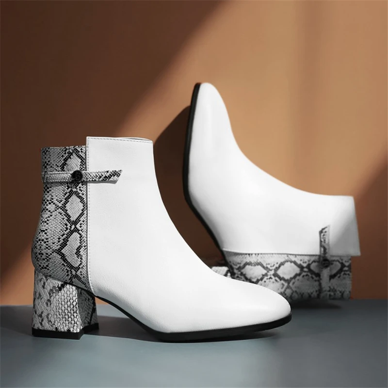 OCQBI Mixed Colors Snake Boots Fashion Rivet Square Toe Party Plus Size 43 Whiter White Thick Heels Sexy Women 2018 | Обувь