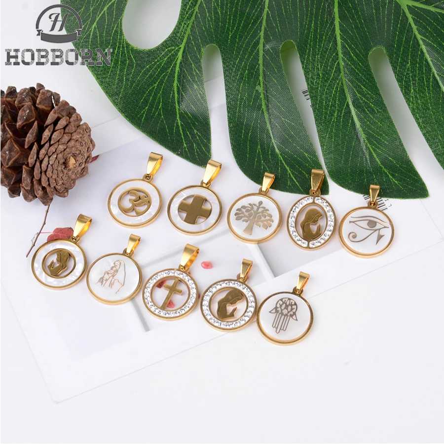 

HOBBORN Trendy Shell Women Necklace Life Tree Fatima Yoga Element Stainless Steel Female Men Necklaces & Pendants Jewelry Gift