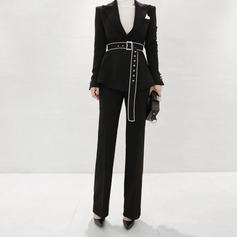 Осень/Зима 2019 модные женские брючные костюмы с поясом тонкие длинные брюки