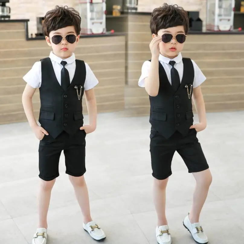 

High Quality 2PCS Vest+Shorts Kids Boys Summer Clothing Sets New Gentleman Children Wedding Party Black suit