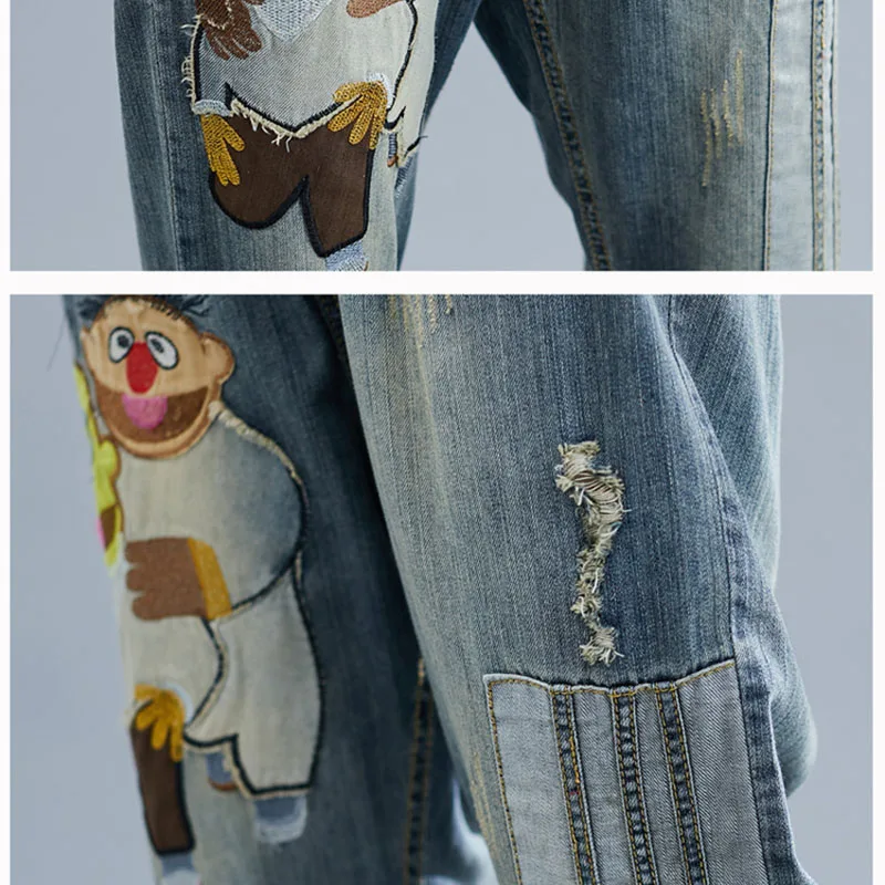 Бойфренд по колено рваные джинсы дамские шаровары лето 2019 г. мультфильм