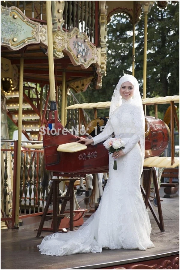 2019 с длинными рукавами мусульманский высокой шеей Свадебные платья бисером