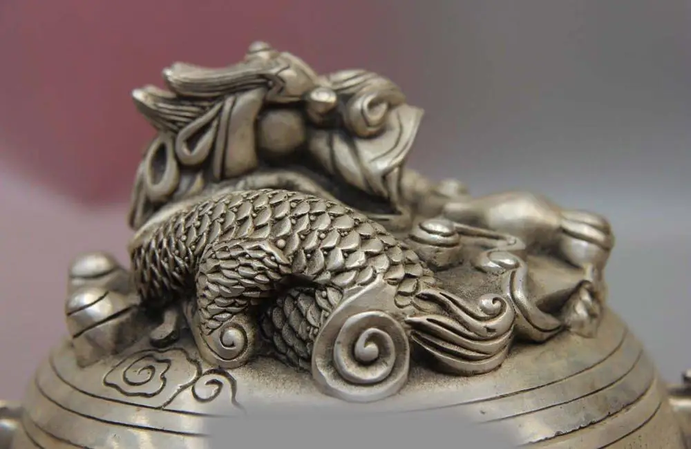 Китайский буддистский храм белая медь серебро девять голов дракона курильница