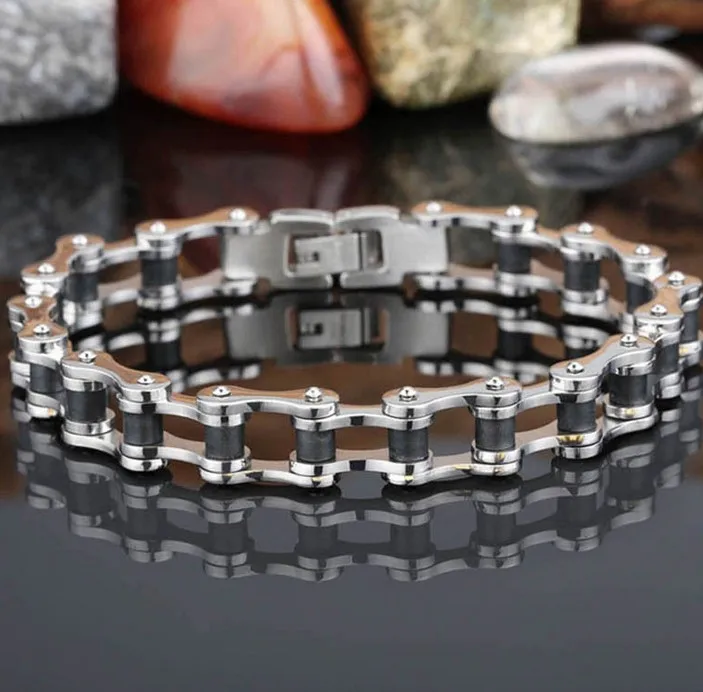 Silver Black Silicone Motorcycle Bike Bangle Stainless Steel Women Men Chain Bracelet Hot Sales | Украшения и аксессуары