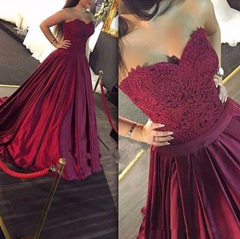

Robe de soiree Dubai Burgundy Lace Bodice Evening Dresses Applique Ball Gown Sweetheart Prom Gown Abendkleider