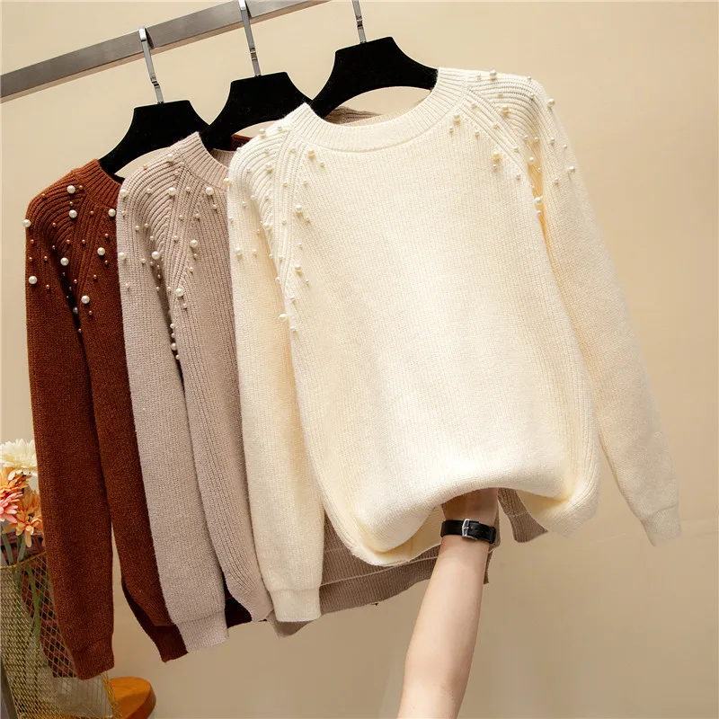 Beading Soft Women Fall Fashion All Match Solid Knitted Sweater Pullover 2019 New Winter Long Sleeve O-Neck Female Pull Femme | Женская