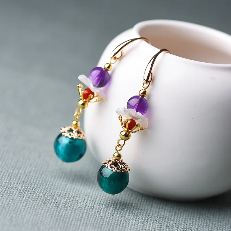 

Luxurious Vintage Amethyst 14k Gold Earring for Women Ethnic shell flower Drop Dangle Earrings Fine Party Jewelry 2019