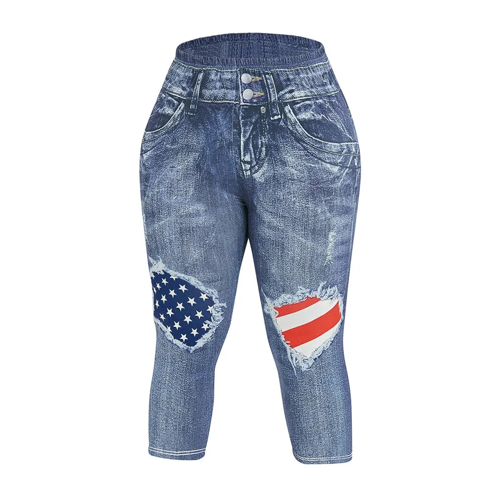 Ladies large size flag printed pants blue Summer Casual Trousers American Flag Printed Skinny Capri Plus Size Standard Pants 6.8 | Женская