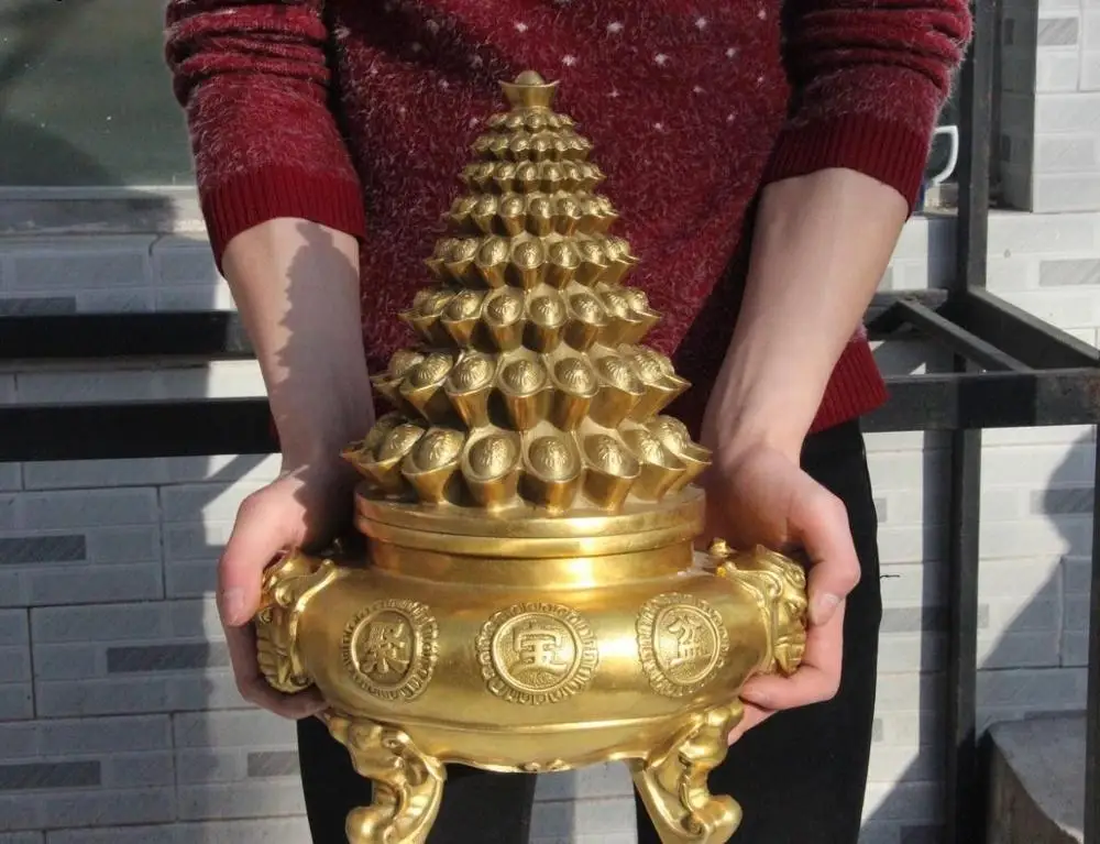 

Chinese Folk Brass Copper Feng Shui Yuanbao Money Elephant Incense Burner Censer