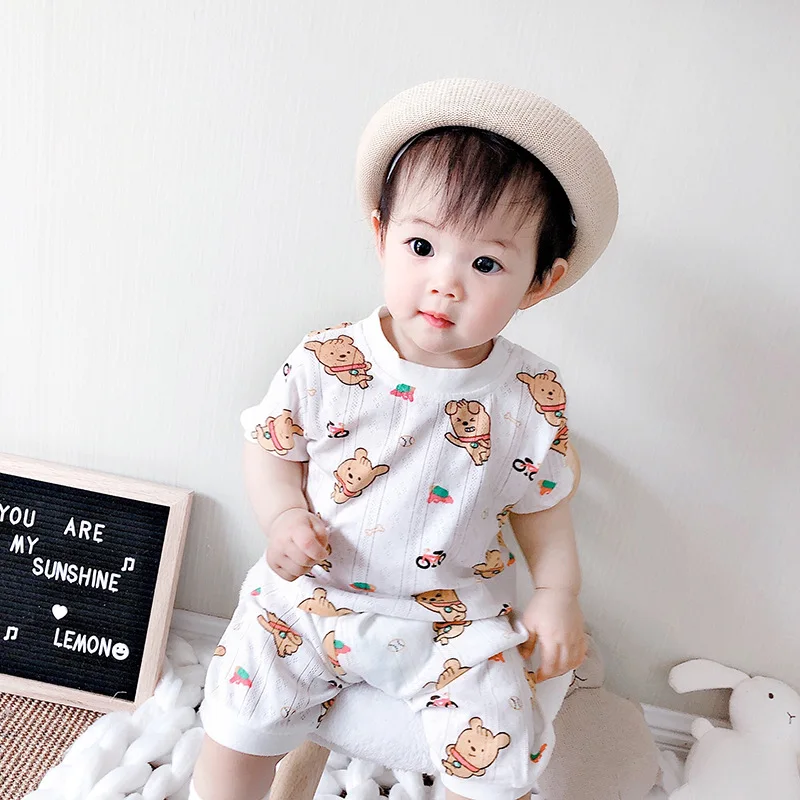 Baby Boys Cute Cartoon Two Pieces Sets Girl Kids Clothing Shoulder Button Home Short Sleeve Tops Summer Pants 2pcs Set | Детская одежда