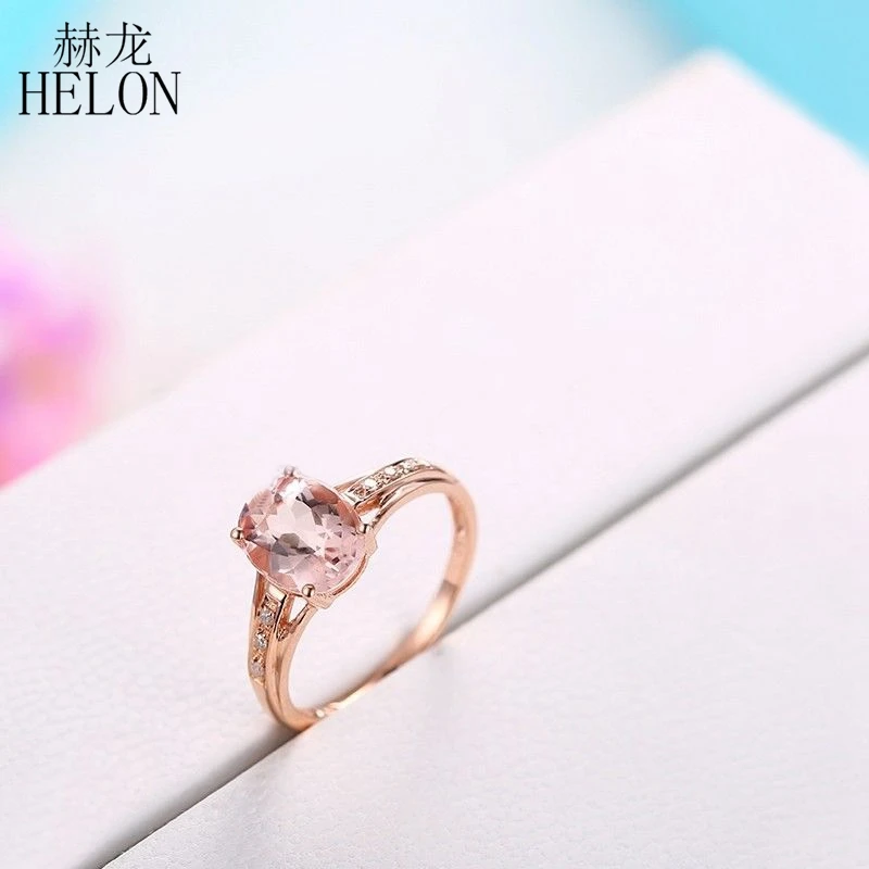 

HELON Solid 14k (AU585) Rose Gold Natural Diamonds Engagement Wedding Ring Flawless Oval 9x7mm Morganite Ring Women Fine Jewelry