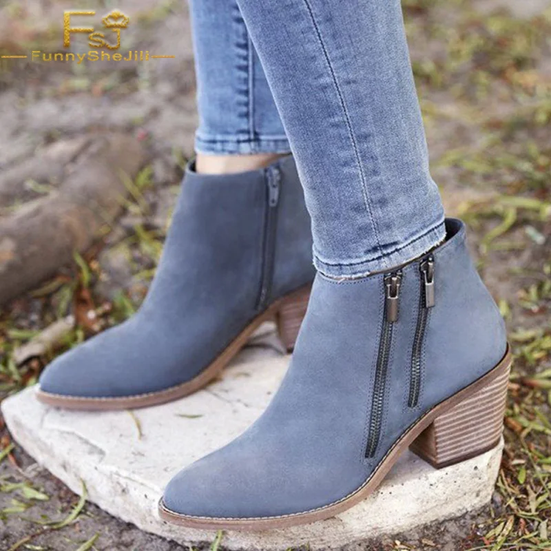 Зимние Модные женские ботильоны FSJ с острым носком синие на двойной