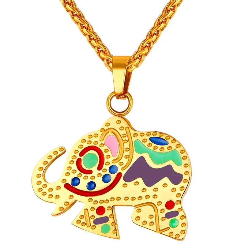 Милый слон ожерелье женщин Шарм кулон золотой цвет нержавеющая сталь красочные