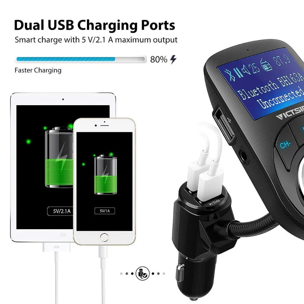 Автомобильный fm передатчик VicTsing Bluetooth MP3 музыкальный плеер AUX TF u диск 3 USB порты