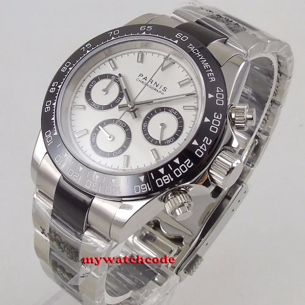 

new arrive 39mm PARNIS white dial quartz mens watch solid case full Chronograph ceramic bezel P1222