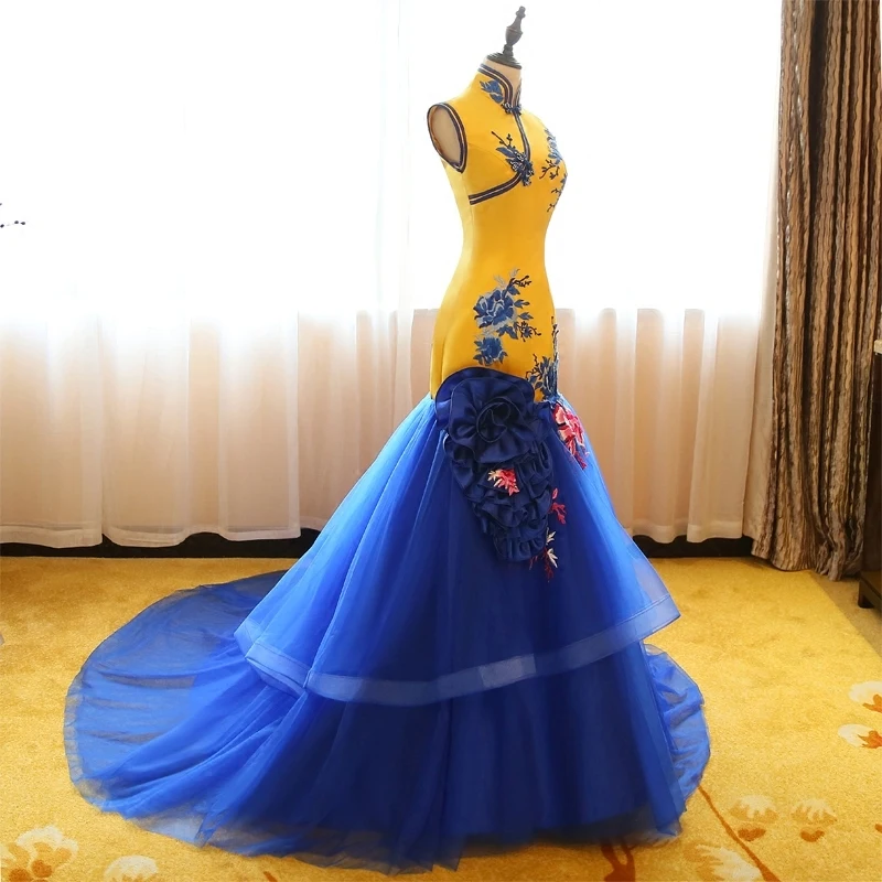 Жёлтое длинное вечернее платье традиционное китайское Чонсам Китай Свадебные