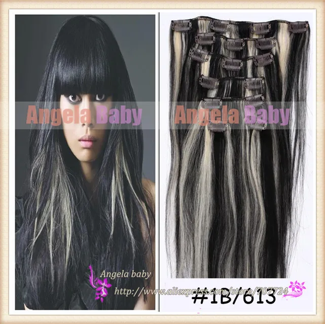 20&quot Clip in/on Hair Extension 7pcs/set Virgin Remy Human 70g/set #1b/613 Hight light blonde|hair clip for kids|clip in hairclip bang |