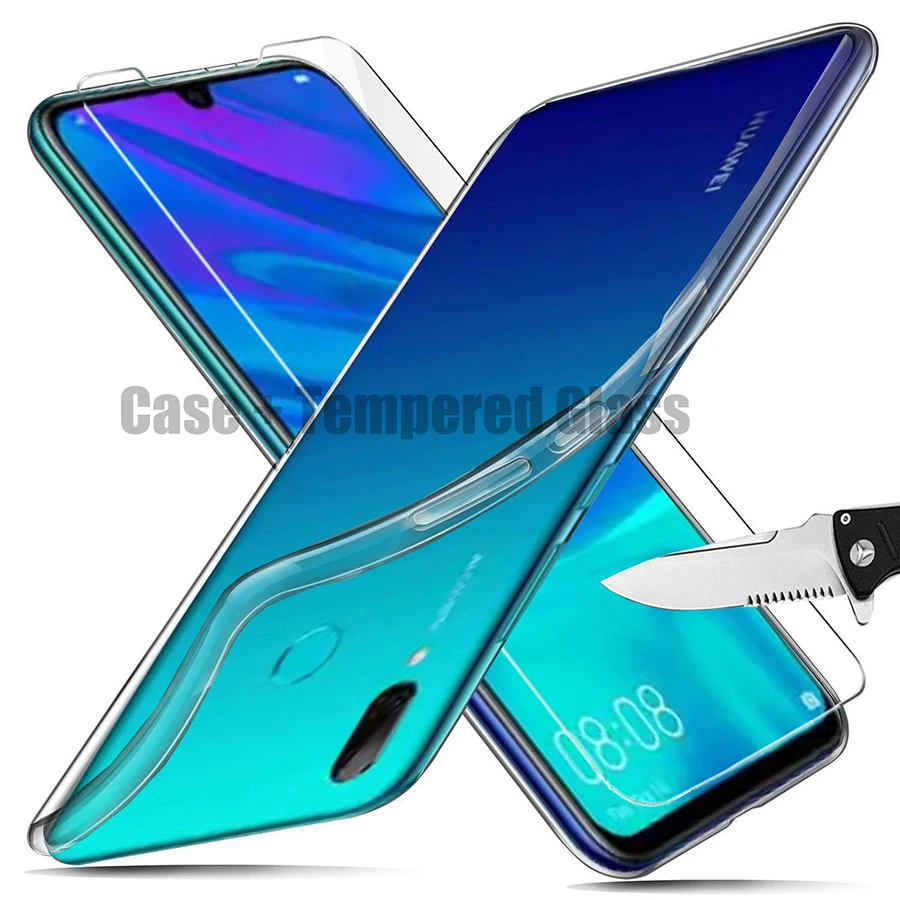 Закаленное стекло + Ультратонкий чехол для телефона Huawei P Smart 2019 мягкая прозрачная