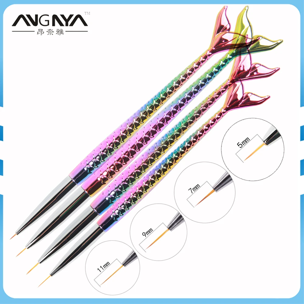 

ANGNYA 4Pcs 5/7/9/11mm Nail Art Gradient Mermaid Design Painting Drawing Pen Liner Lines Stripes Brush Flower Nail Art Manicure