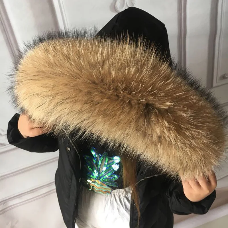 Real Fur Collar For Parkas Coats luxury Warm Natural Raccoon Scarf Women Large Fur Scarves Male Down jacket fur hat 75 70cm