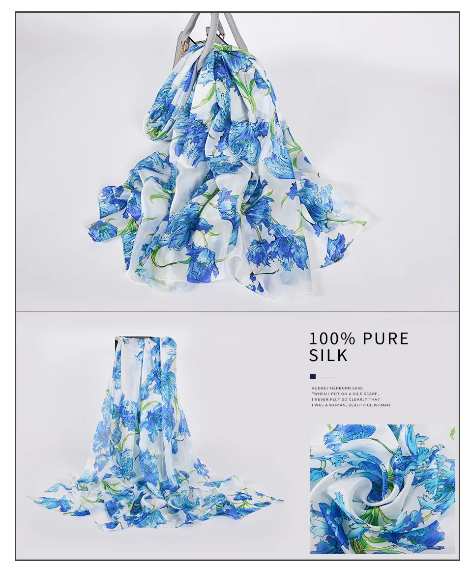 [BYSIFA] Women's Pure Silk Scarf Shawl Fashion Utra-long Scarves Printed Fall Foulard Winter Navy Blue Red Neck Scarf 180*110cm